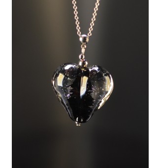 Collier gros cœur noir et translucide en verre filé – Acier inoxydable argenté