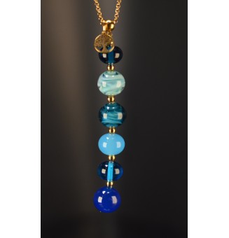 Collier long Éclat de Joie bleu dégradé – Perles en verre filé et arbre de vie doré