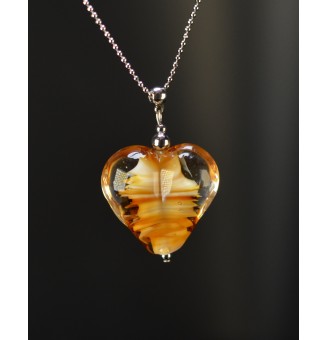 Collier gros cœur ambré caramel en verre filé – Acier inoxydable argenté