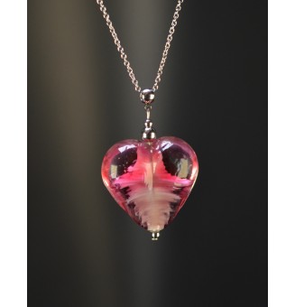 Collier gros cœur violet et rose en verre filé – Acier inoxydable argenté