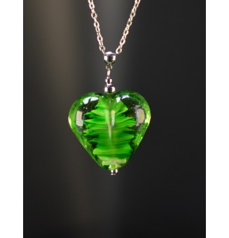 Collier gros cœur vert Rosetta en verre filé – Acier inoxydable argenté