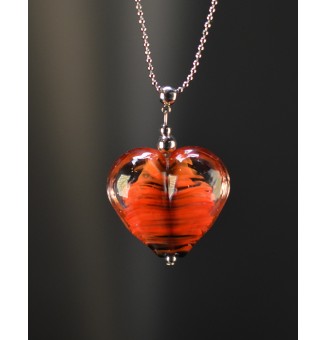 Collier gros cœur noir et rouge en verre filé – Acier inoxydable argenté