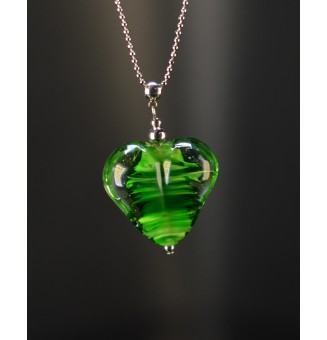 Collier gros cœur vert Rosetta en verre filé – Acier inoxydable argenté