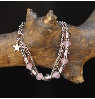 Bracelet multirangs rose améthyste en verre filé avec étoile – Acier inoxydable argenté