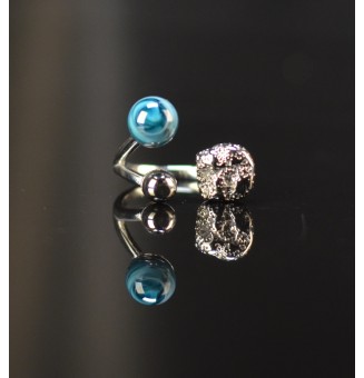 Bague réglable bleu pétrole avec perle en verre filé de 8 mm – Acier inoxydable