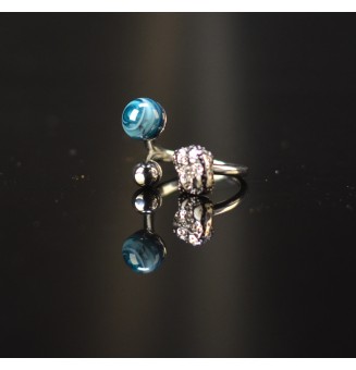Bague réglable bleu pétrole avec perle en verre filé de 8 mm – Acier inoxydable