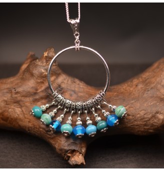 collier avec perles de verre bleu vert 76 cm