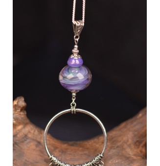 collier 76 cm violet et vert  perles de verre filé