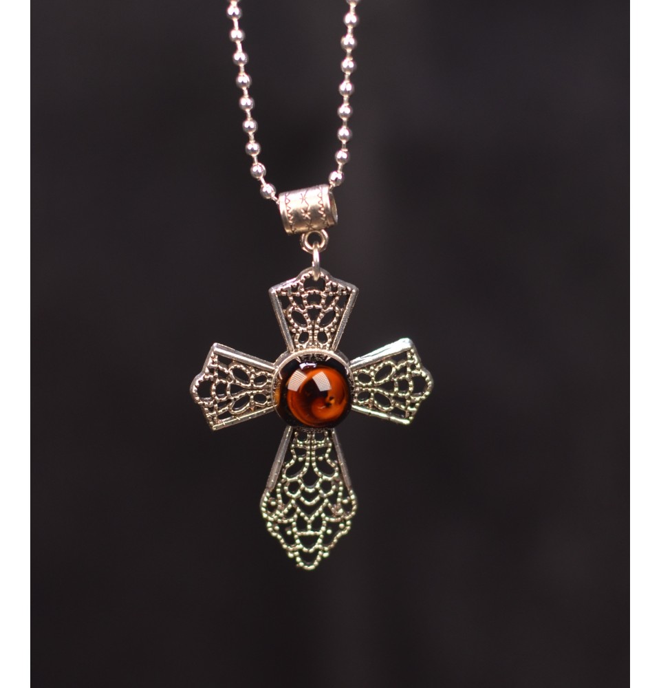 collier croix avec perles de verre ton pierre chaine 45 cm