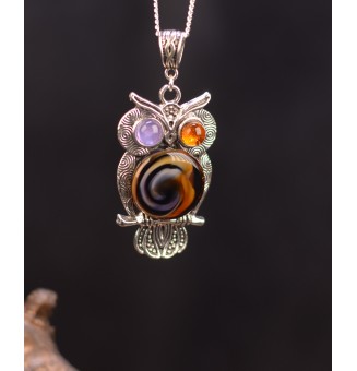 collier hibou 60 cm noir, violet et caramel perles de verre filé au chalumeau