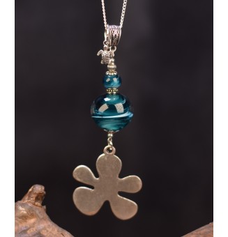 collier flower 76 cm bleu pétrole perles de verre filé au chalumeau
