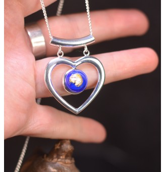 collier 45 cm coeur bleu et or perle de verre filé