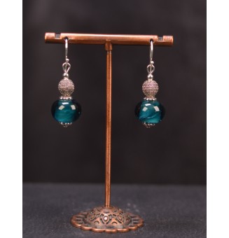 Boucles d'oreilles pendantes bleu pétrole perles de verre filé, crochets argent massif
