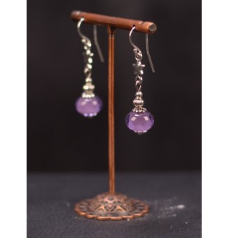 Boucles d'oreilles pendantes violet perles de verre filé, crochets argent massif