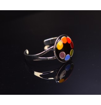 bracelet multicolore rigide réglable avec gros cabochon de verre