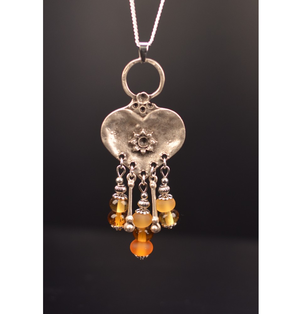 collier 70 cm perles de verre jaune et ambre en verre filé
