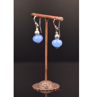 Boucles d'oreilles bleu opale perles de verre filé, crochets argent massif