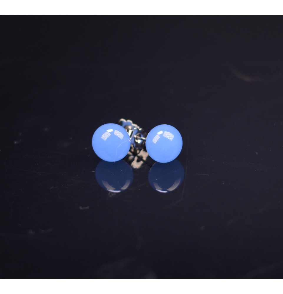 puces d'oreilles Acier Inoxydable en verre bleu opale