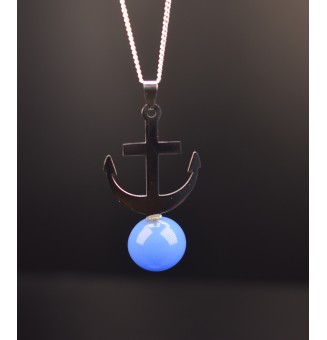 interchangeable ** collier 76 cm ancre et perle à visser bleu opale