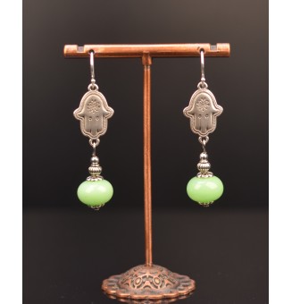 Boucles d'oreilles vert jade perles de verre filé, crochets argent massif