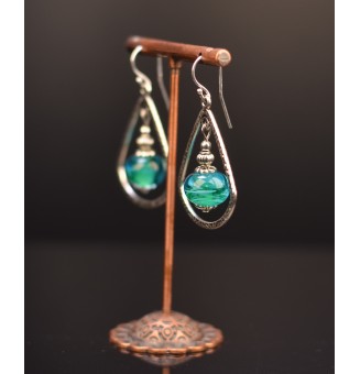 Boucles d'oreilles bleu vert perles de verre filé, crochets argent massif