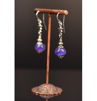 Boucles d'oreilles pendantes violet woodstock perles de verre filé, crochets argent massif