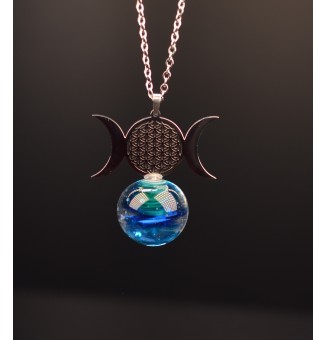 interchangeable ** collier 60 cm " lune et fleur de vie " et perle à visser bleu vert