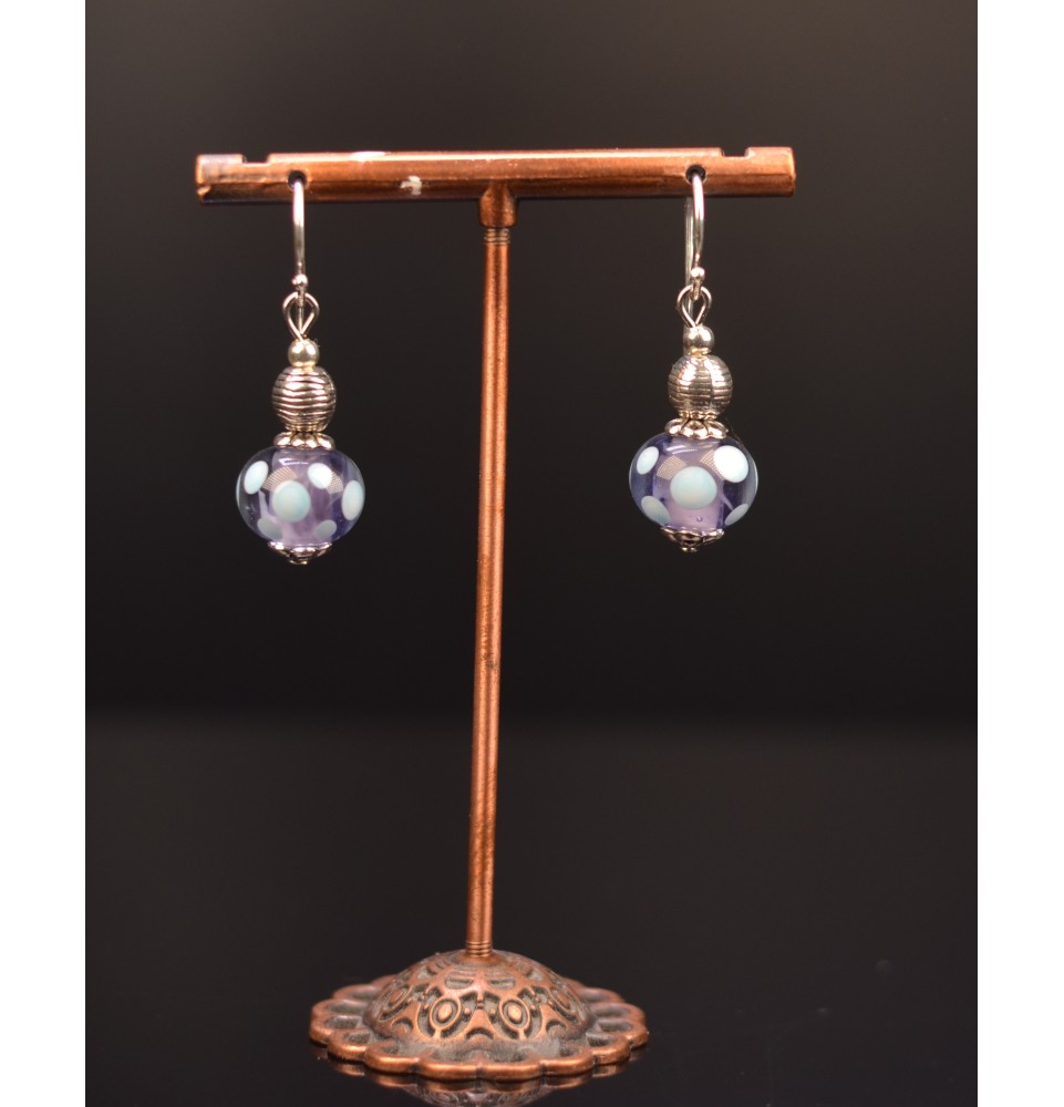 Boucles d'oreilles violet bleu  perles de verre filé, crochets argent massif