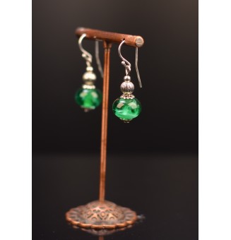 Boucles d'oreilles "vert " perles de verre filé, crochets argent massif