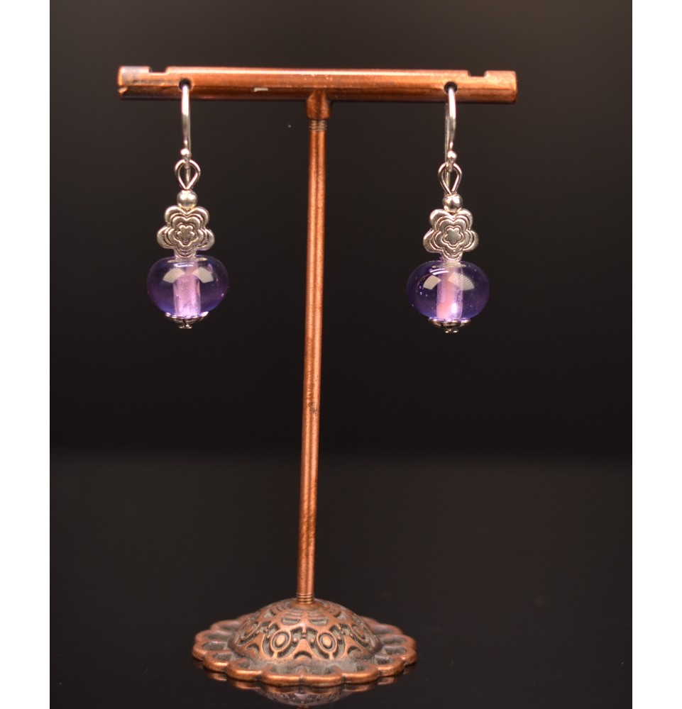 Boucles d'oreilles "violet" perles de verre filé, crochets argent massif