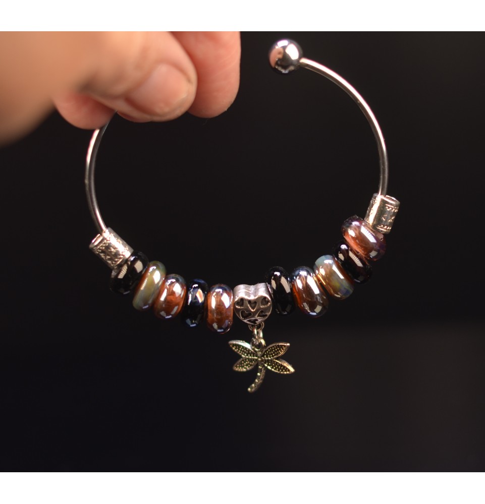 Bracelet rigide réglable avec perles de verre noir et AURAE