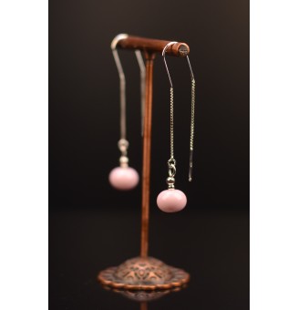 Boucles d'oreilles " rose gelée" perles de verre filé, crochets argent massif
