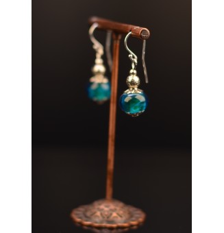 Boucles d'oreilles "bleu vert" perles de verre filé, crochets argent massif
