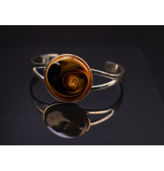 bracelet rigide réglable avec gros cabochon de verre "'noir et caramel"