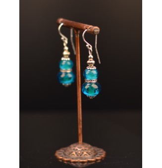 Boucles d'oreilles "BLEU et VERT" perles de verre filé, crochets argent massif