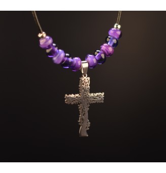 Collier croix arbre de vie avec perles de verre violet 45 cm cuir noir