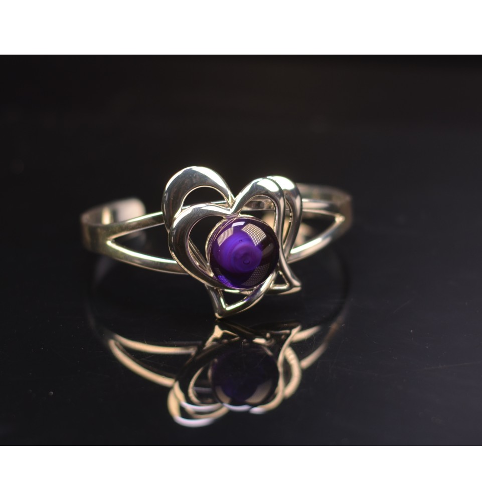 bracelet coeur rigide réglable avec  cabochon de verre violet theia