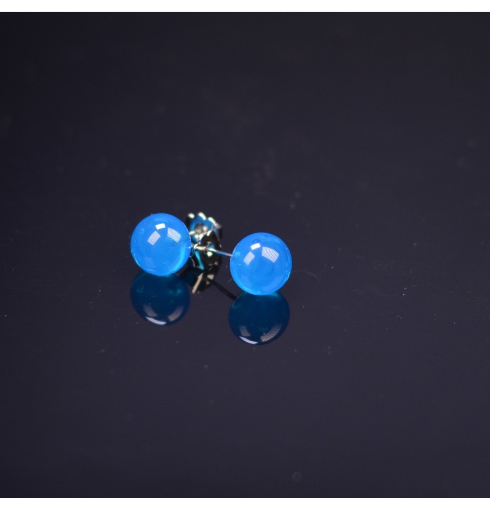 puces d'oreilles Acier Inoxydable en verre bleu océan