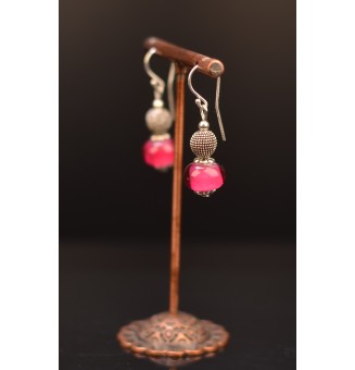 Boucles d'oreilles "ROSE FUCHSIA" perles de verre filé, crochets argent massif