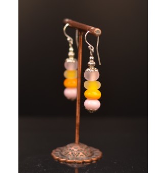 Boucles d'oreilles "ROSE et jaune" perles de verre filé, crochets argent massif