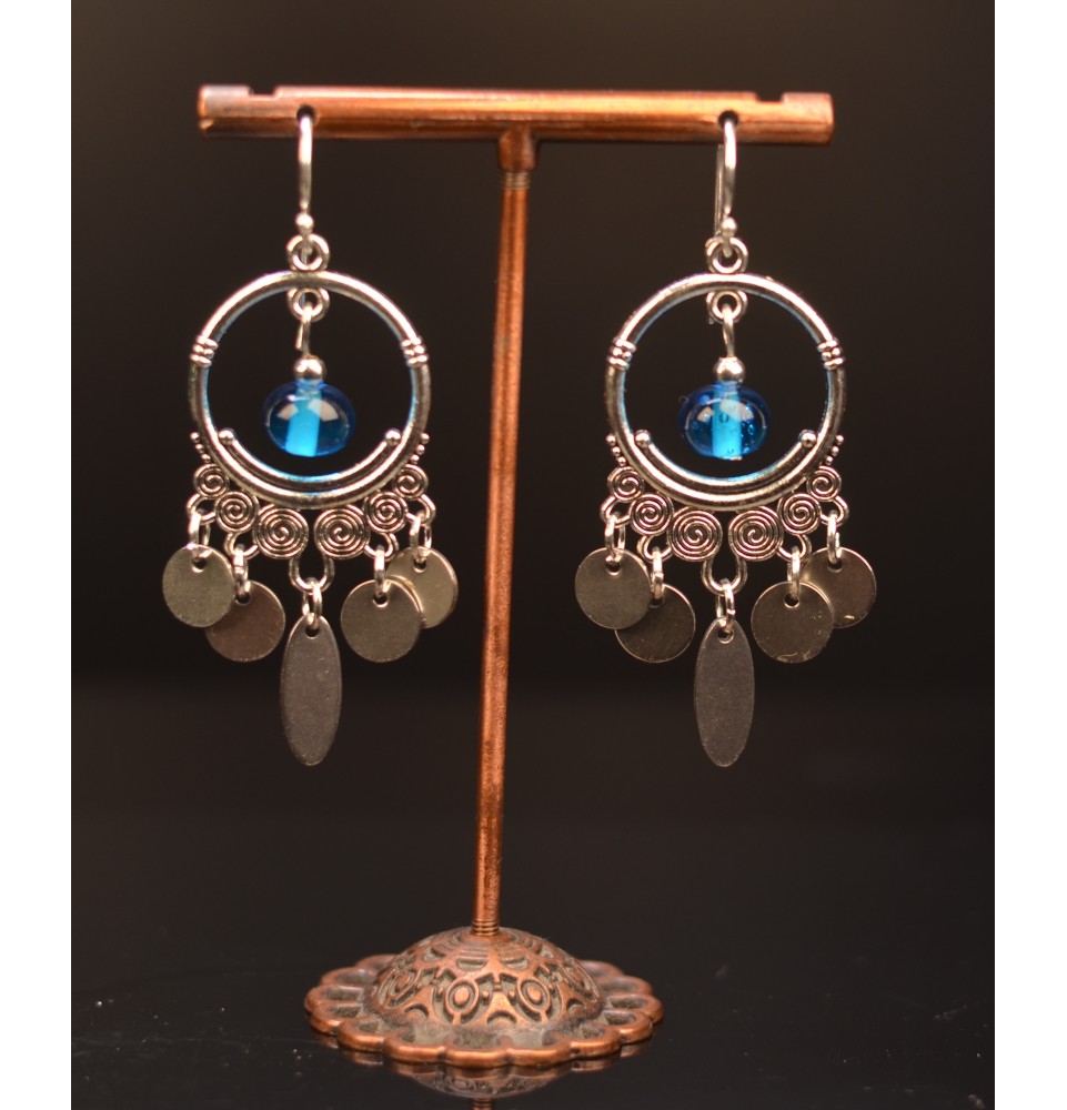 Boucles d'oreilles "turquoise translucide" perles de verre filé, crochets argent massif