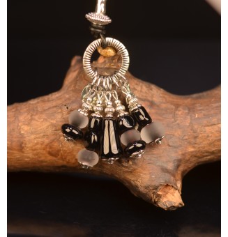 collier avec perles de verre NOIR 80 cm et cuir noir