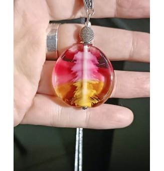 collier avec perles de verre plate rose et ambre 45 cm
