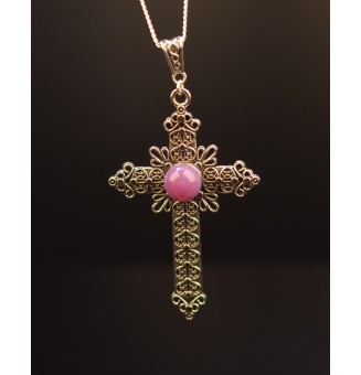 collier croix avec perles de verre violet rosé 60 cm