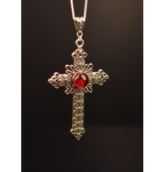 collier croix avec perles de verre rubis 60 cm