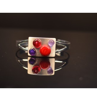 Bracelet rigide réglable avec perles de verre Rouge et violet