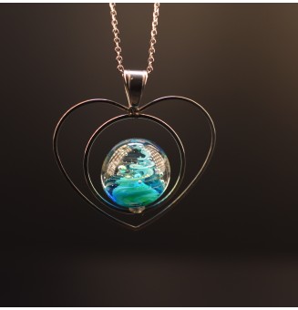 interchangeable ** collier coeur "bleu vert et or" 70 cm et perle à visser