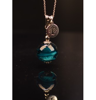 collier avec perles de verre 70 cm bleu pétrole, arbre de vie