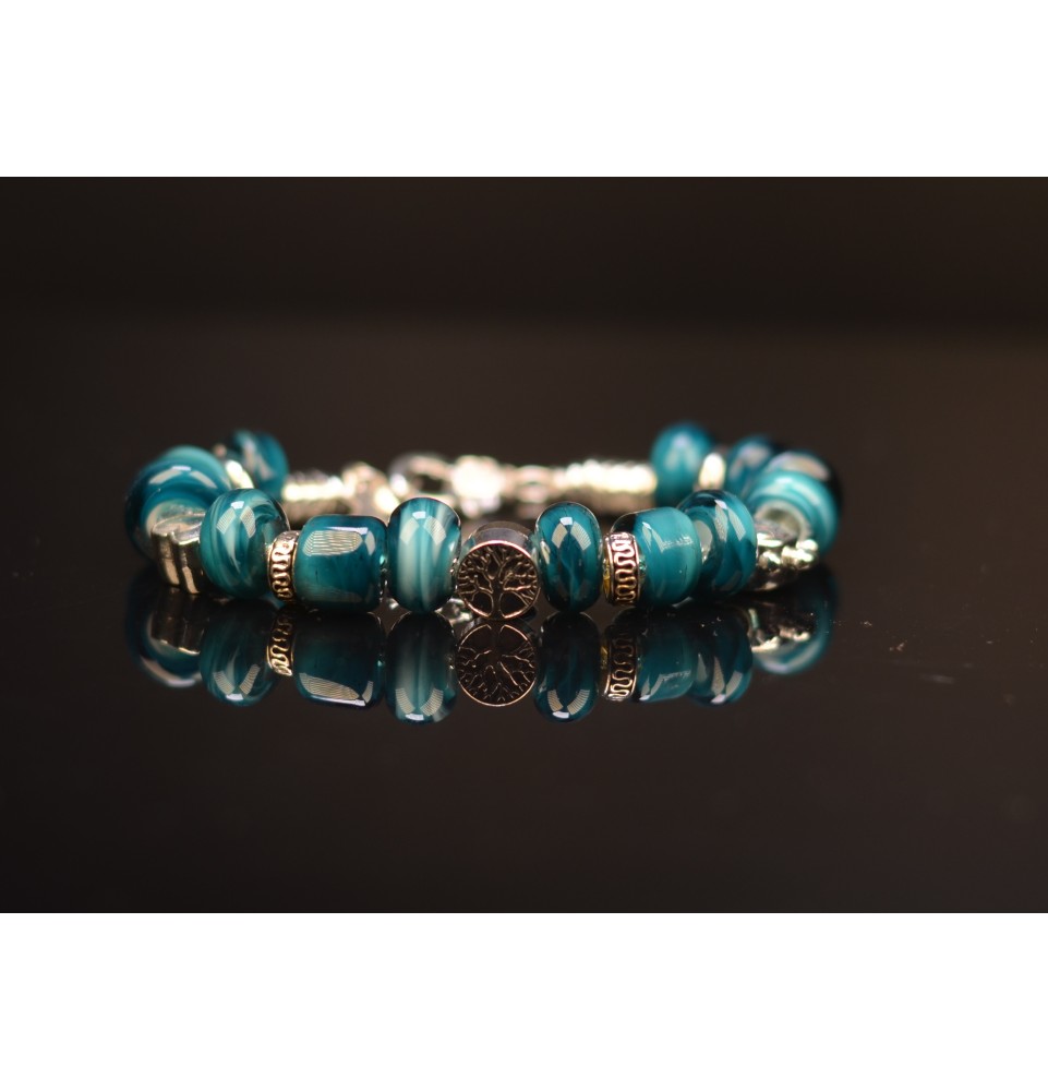 Bracelet en perles de verre "bleu pétrole" chaine serpentine