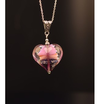 collier 45 cm coeur "violet et or" perle de verre filé